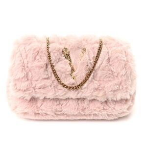 VERSACE Faux Fur Quilted Virtus V Mini Chain Flap Bag English Rose $1375